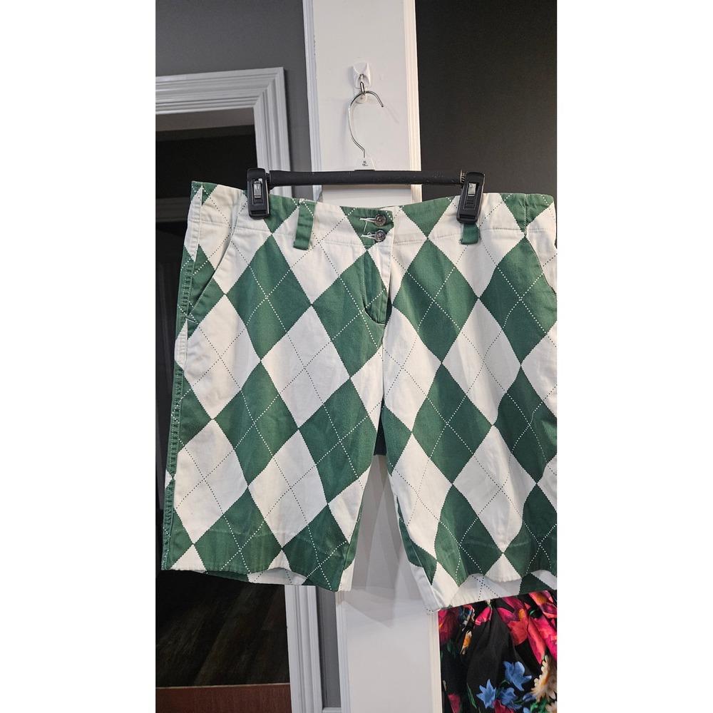 Golfcore Womens Green/White Argyle Loudmouth Shorts Size 14 Cotton Spandex Stret